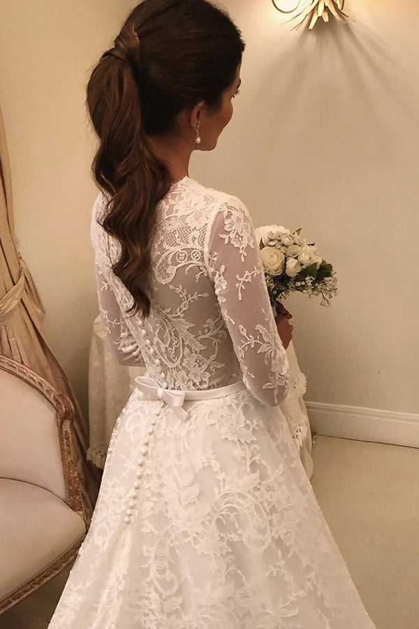 A Line Elegant Long Sleeves V Neck Beach Wedding Dress Bridal Gown –  Pgmdress
