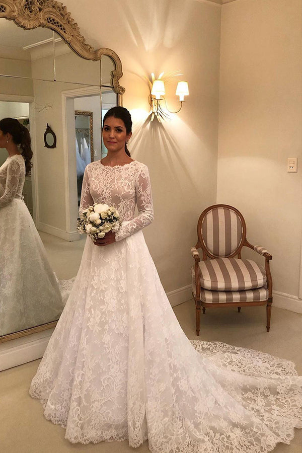 Long A-line Lace Wedding Dress with Sleeves-BIZTUNNEL