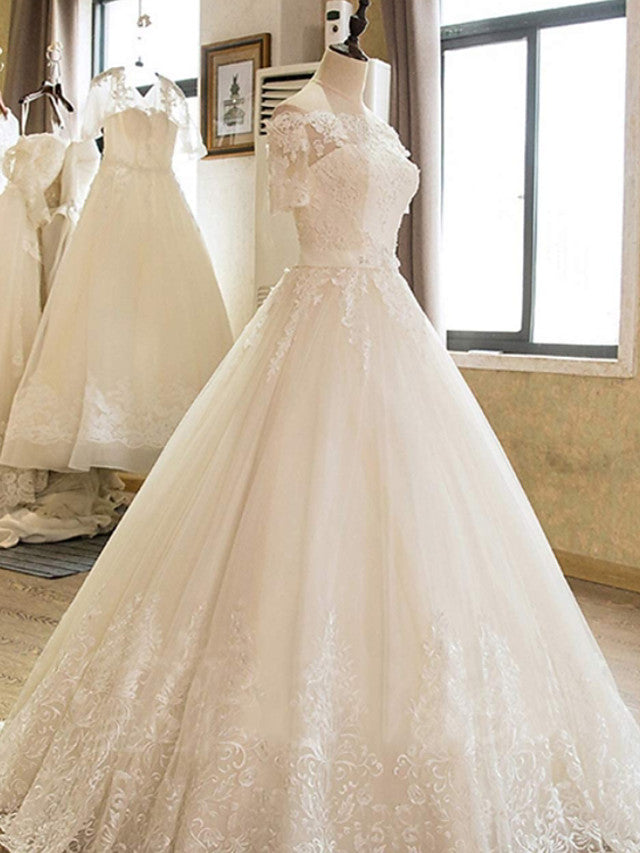 Long A-line Off Shoulder Court Train Lace Tulle Wedding Dresses with Sleeves-BIZTUNNEL