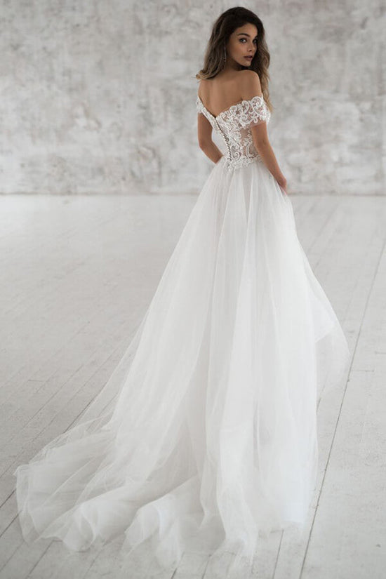 Long A-line Off the Shoulder Appliques Tulle Wedding Dress with Sleeves-BIZTUNNEL