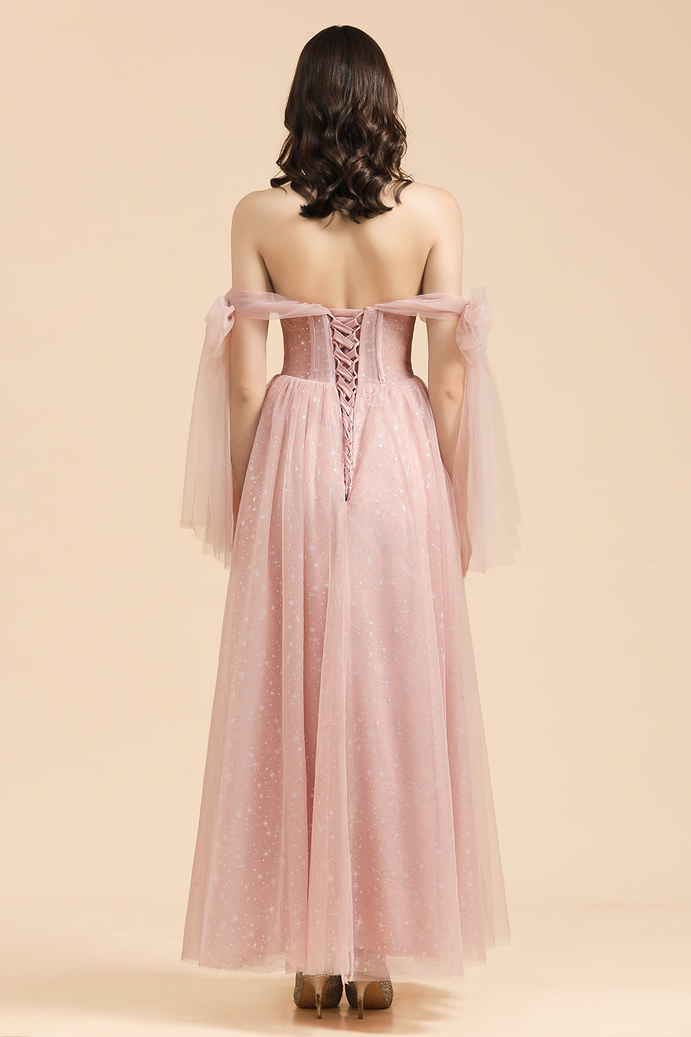 Long A-line Off The Shoulder Bow Tulle Pink Bridesmaid Dress-BIZTUNNEL