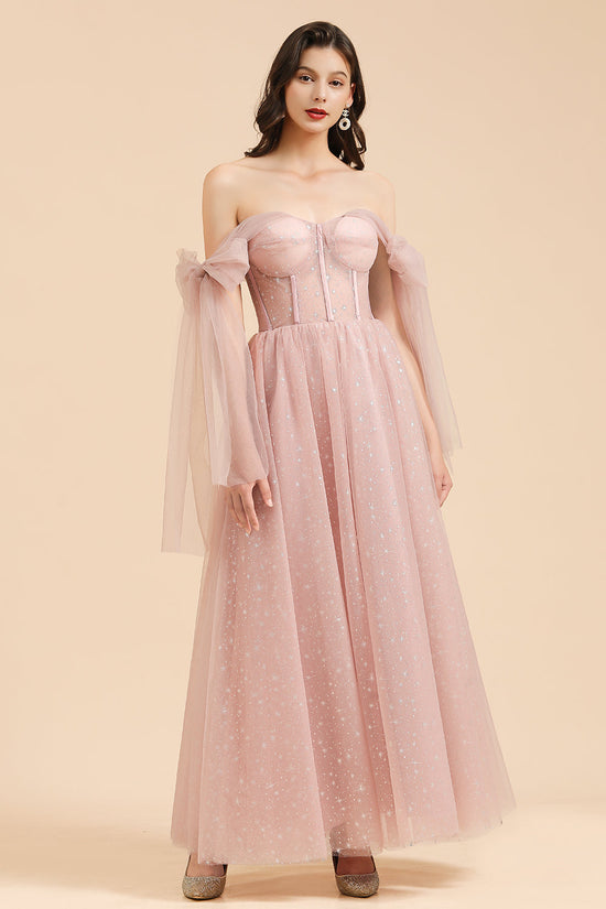 Long A-line Off The Shoulder Bow Tulle Pink Bridesmaid Dress-BIZTUNNEL