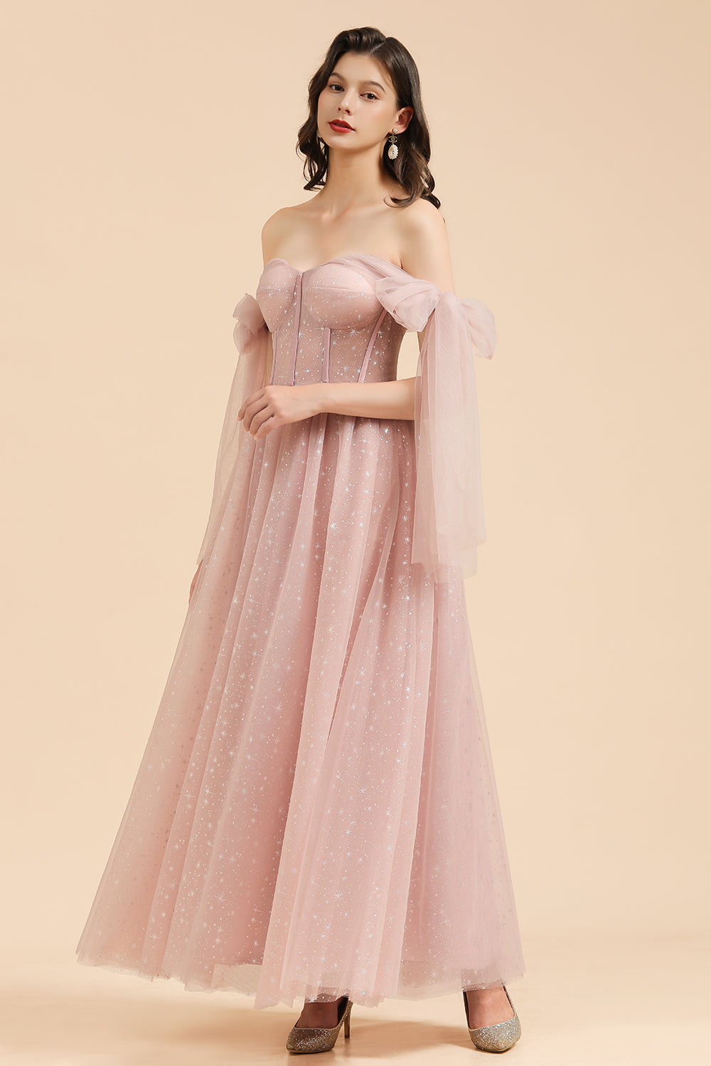 Long A-line Off The Shoulder Bow Tulle Pink Bridesmaid Dress-BIZTUNNEL