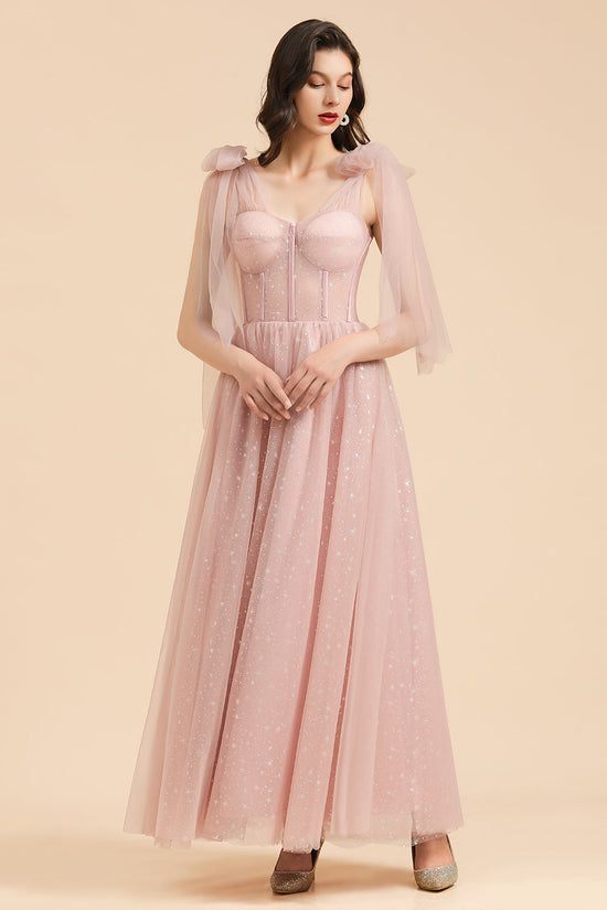 Long A-line Off The Shoulder Bow Tulle Pink Bridesmaid Dress-BIZTUNNEL