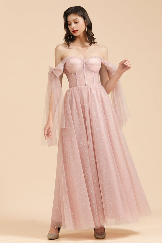 Long A-line Off The Shoulder Bow Tulle Pink Bridesmaid Dress-BIZTUNNEL