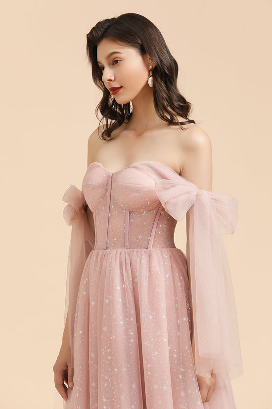 Long A-line Off The Shoulder Bow Tulle Pink Bridesmaid Dress-BIZTUNNEL