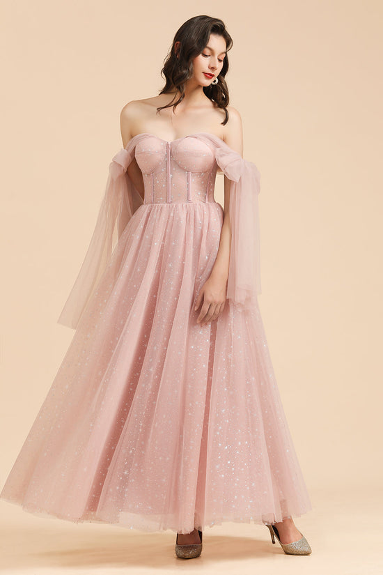 Long A-line Off The Shoulder Bow Tulle Pink Bridesmaid Dress-BIZTUNNEL