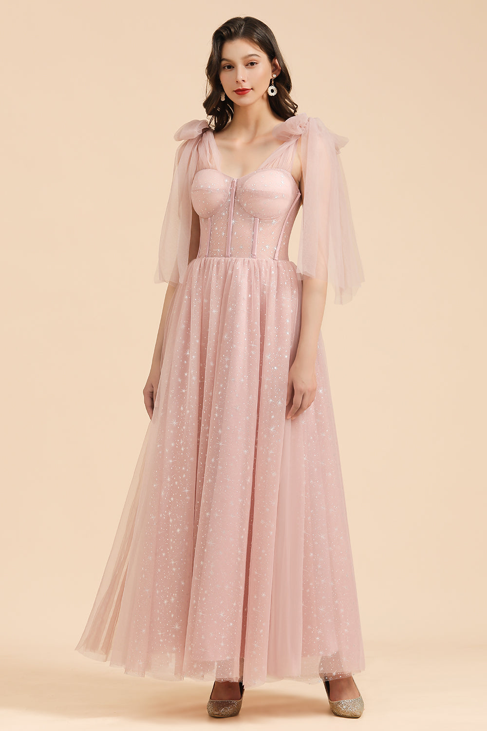 Long A-line Off The Shoulder Bow Tulle Pink Bridesmaid Dress-BIZTUNNEL