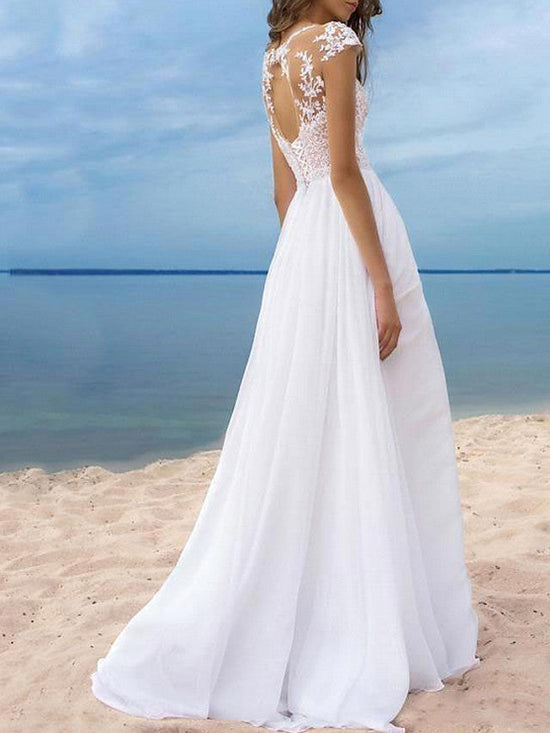 Long A-Line Off the Shoulder Chiffon Backless Wedding Dresses with Slit-BIZTUNNEL