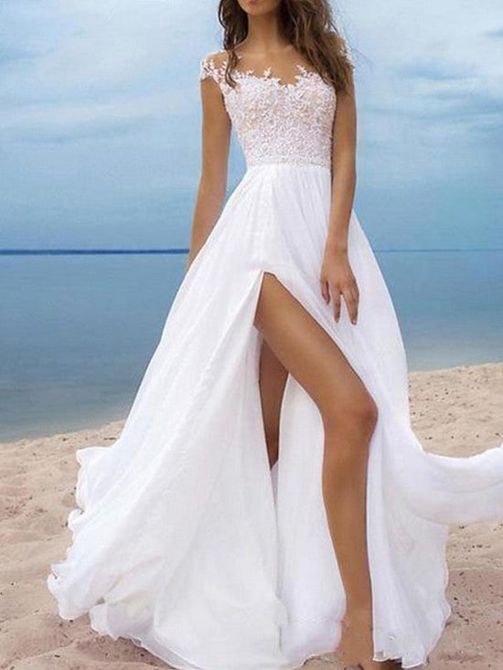 Long A-Line Off the Shoulder Chiffon Backless Wedding Dresses with Slit-BIZTUNNEL