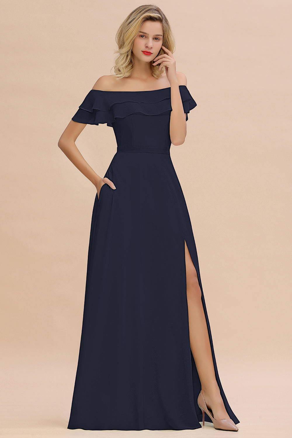 Long A-line Off-the-Shoulder Front Slit Bridesmaid Dress with Pockets –  BIZTUNNEL