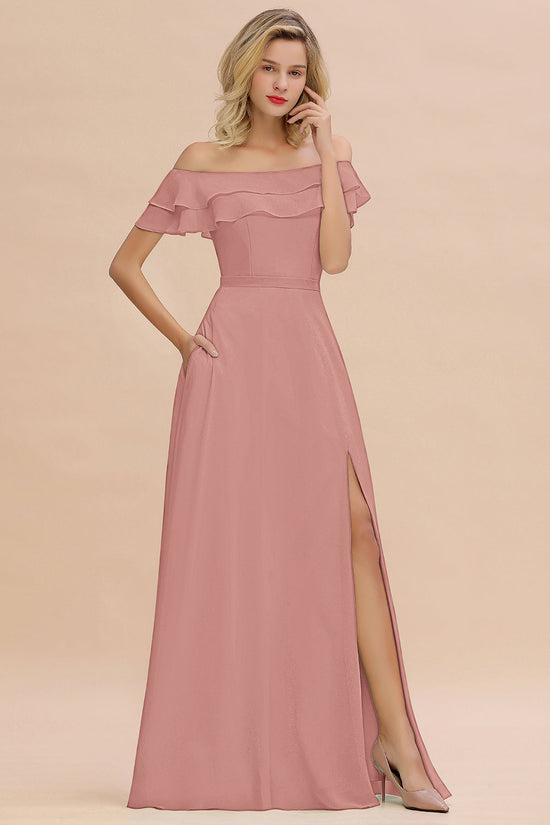 Long A-line Off-the-Shoulder Front Slit Bridesmaid Dress with Pockets-BIZTUNNEL