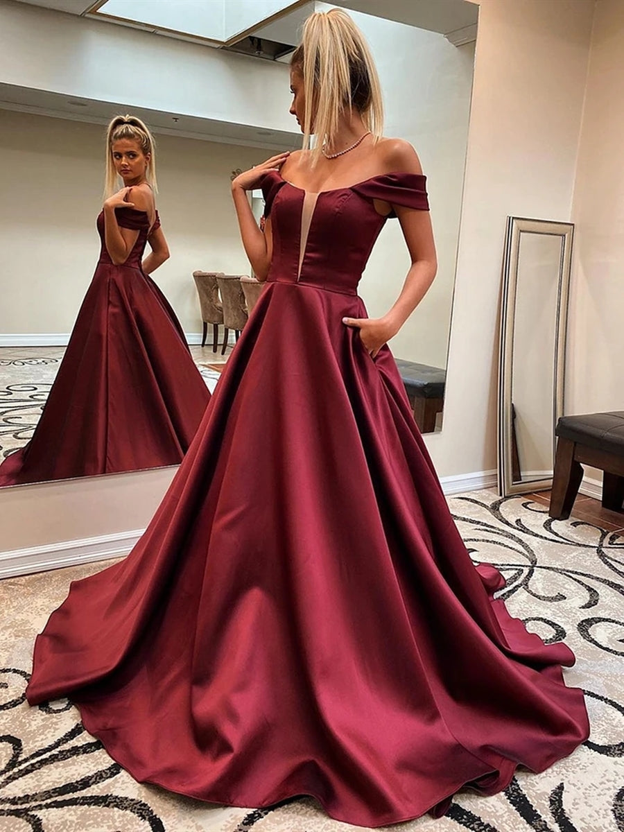 Long A-line Off the Shoulder Satin Formal Prom Dresses with Pockets –  BIZTUNNEL