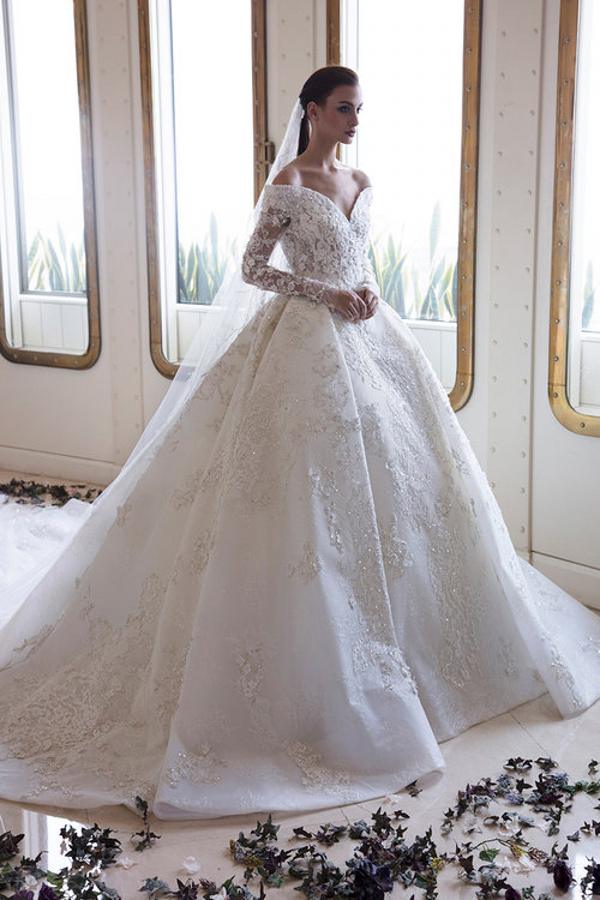 Long A-Line Off-the-Shoulder Sweetheart Backless Appliques Lace Crystal Wedding Dress with Sleeves-BIZTUNNEL