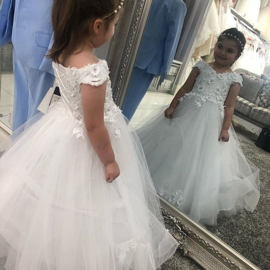 Long A-line Off the shoulder Tulle Lace Flower Girl Dresses with Cap sleeves-BIZTUNNEL