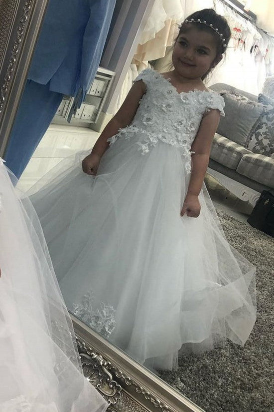 Long A-line Off the shoulder Tulle Lace Flower Girl Dresses with Cap sleeves-BIZTUNNEL