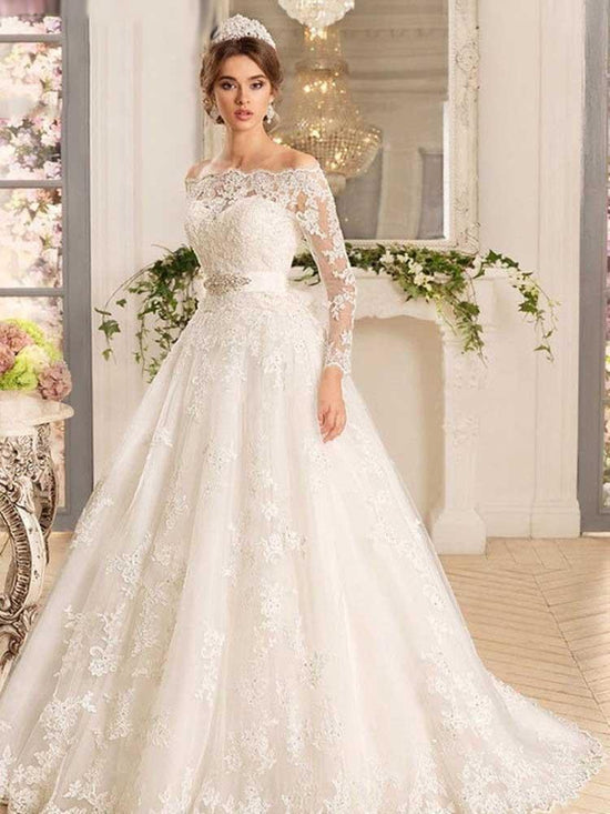 Long A-line Off-the-Shoulder Tulle Lace Wedding Dresses with Sleeves-BIZTUNNEL