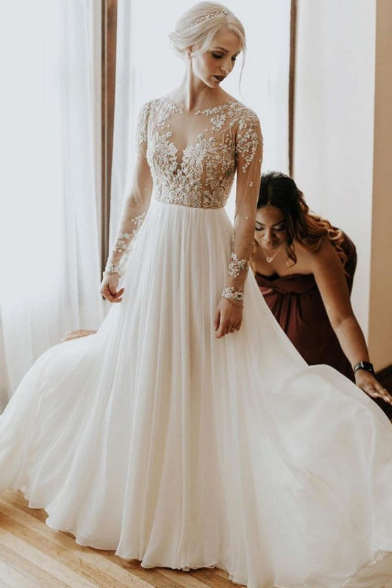 Long A-Line Open Back Chiffon Appliques Lace Wedding Dress with Sleeves-BIZTUNNEL