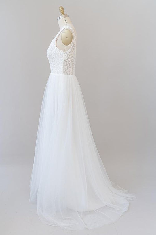 Long A-line Open Back V-neck Lace Tulle Wedding Dress-BIZTUNNEL