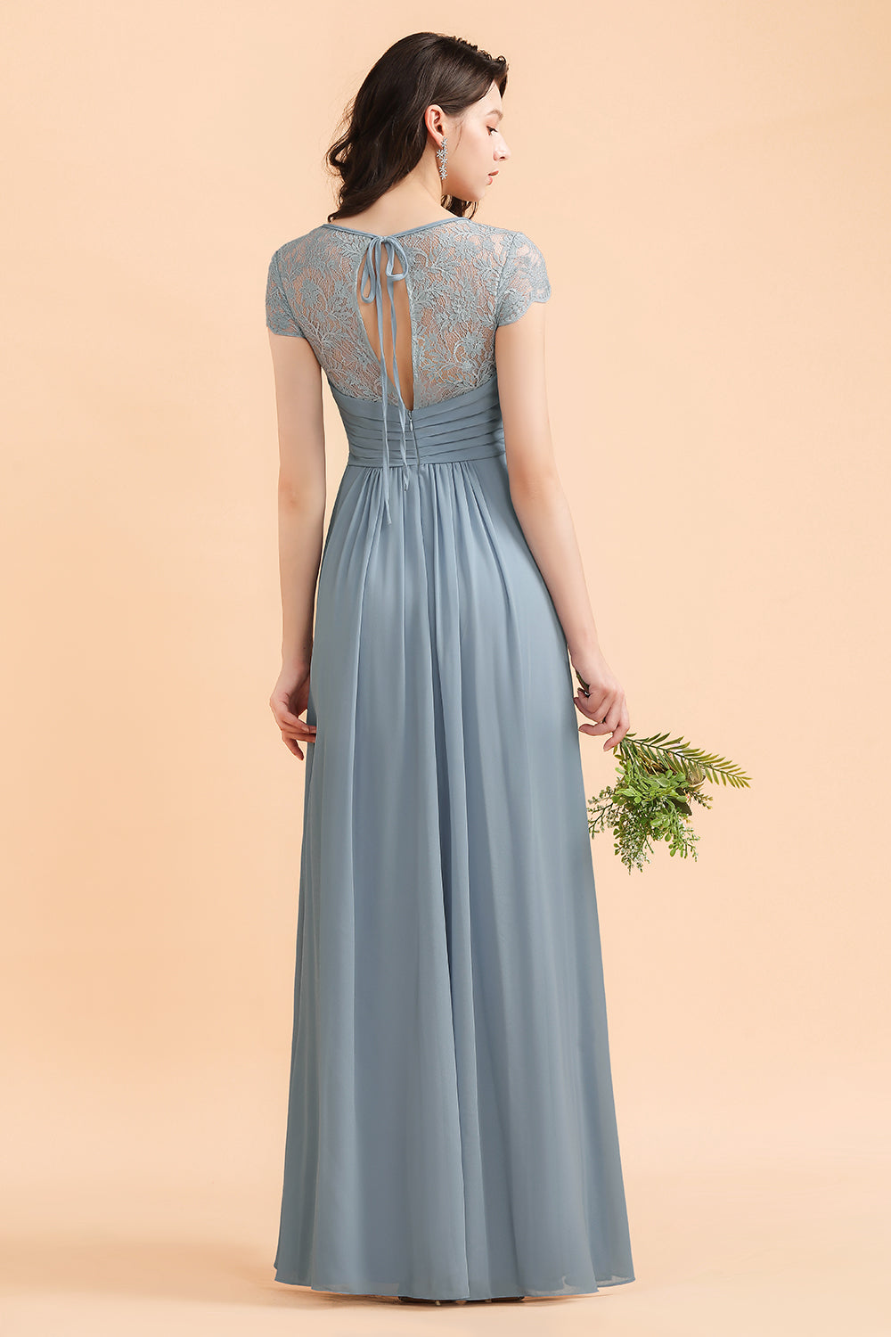 Long A-line Ruffles Chiffon Bridesmaid Dress with Cap Sleeves-BIZTUNNEL