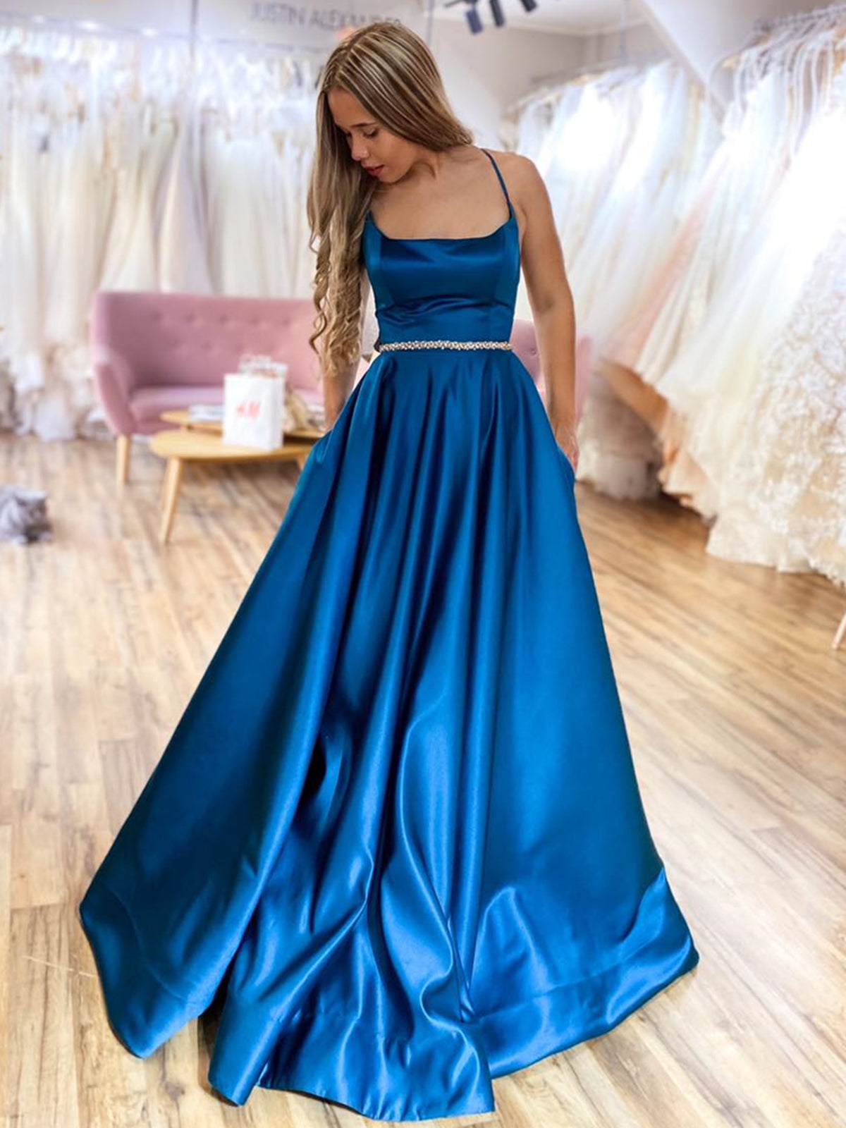 Long A-line Satin Backless Formal Prom Dresses with Belt-BIZTUNNEL