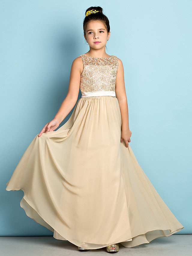 
                  
                    Long A-Line Scoop Neck Flower Girl Dresses Chiffon Lace Junior Bridesmaid Dress-BIZTUNNEL
                  
                