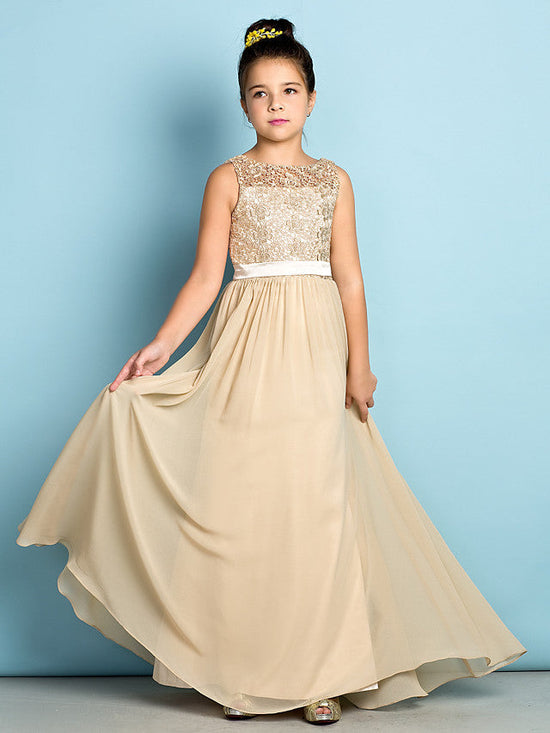 Long A-Line Scoop Neck Flower Girl Dresses Chiffon Lace Junior Bridesmaid Dress-BIZTUNNEL