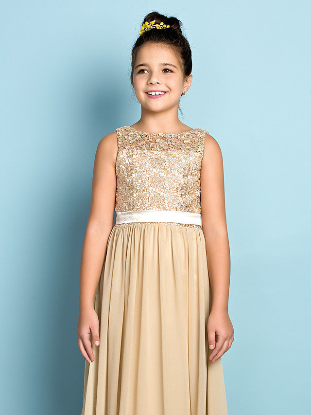 
                  
                    Long A-Line Scoop Neck Flower Girl Dresses Chiffon Lace Junior Bridesmaid Dress-BIZTUNNEL
                  
                