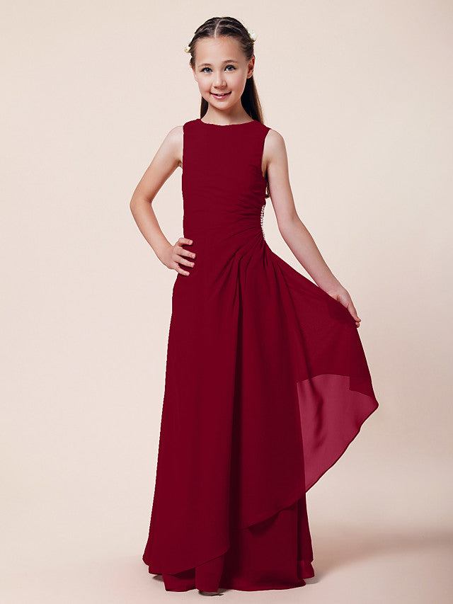 Long A-Line Sheath Flower Girl Dresses Bateau Neck Chiffon Junior Bridesmaid Dress-BIZTUNNEL