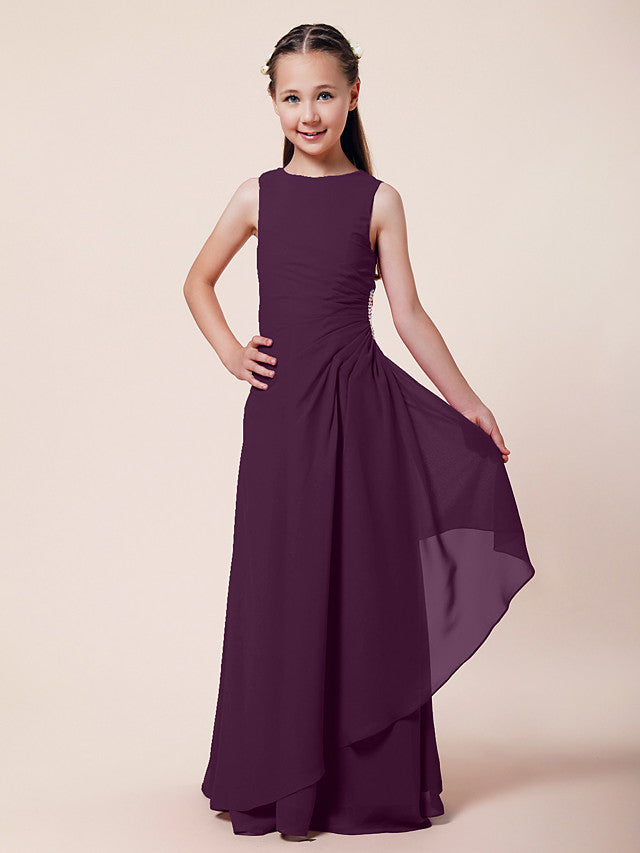 Long A-Line Sheath Flower Girl Dresses Bateau Neck Chiffon Junior Bridesmaid Dress-BIZTUNNEL