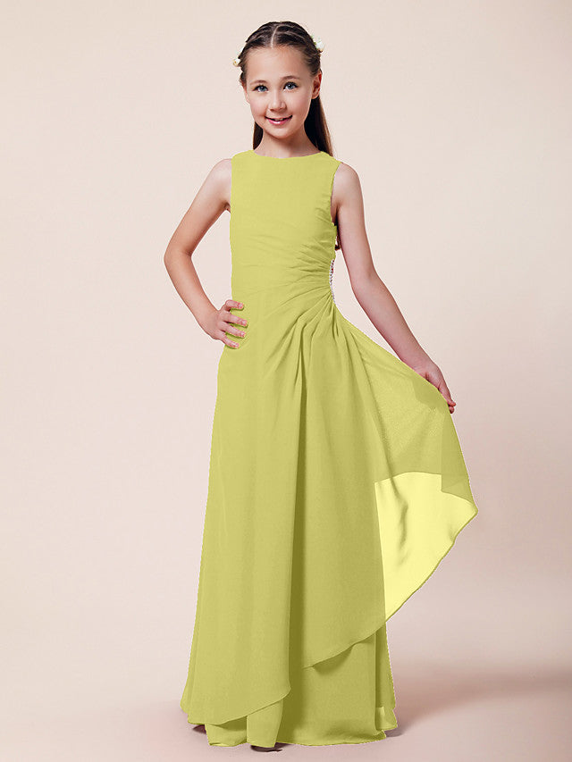 Long A-Line Sheath Flower Girl Dresses Bateau Neck Chiffon Junior Bridesmaid Dress-BIZTUNNEL