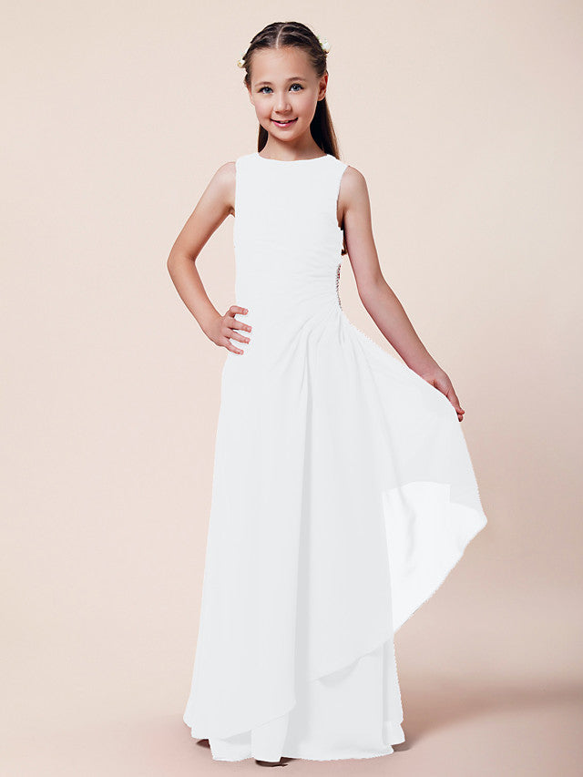 Long A-Line Sheath Flower Girl Dresses Bateau Neck Chiffon Junior Bridesmaid Dress-BIZTUNNEL