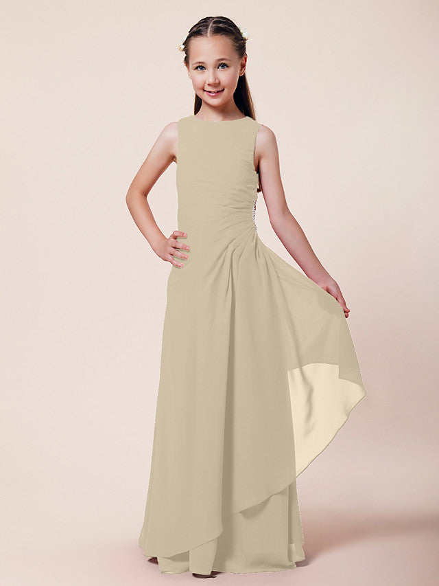 Long A-Line Sheath Flower Girl Dresses Bateau Neck Chiffon Junior Bridesmaid Dress-BIZTUNNEL