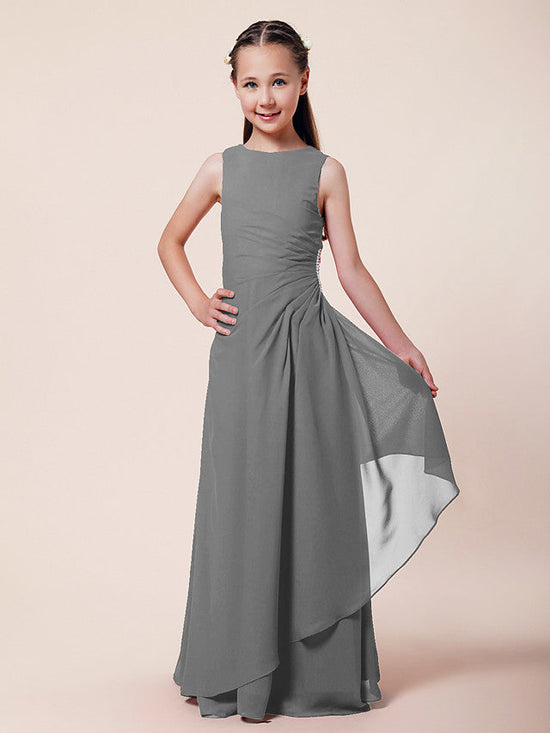 Long A-Line Sheath Flower Girl Dresses Bateau Neck Chiffon Junior Bridesmaid Dress-BIZTUNNEL