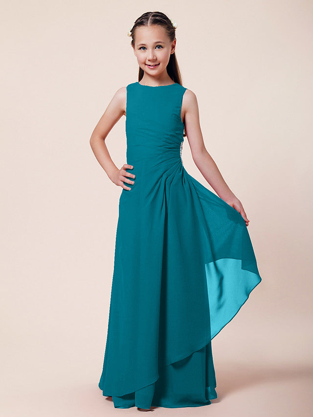 Long A-Line Sheath Flower Girl Dresses Bateau Neck Chiffon Junior Bridesmaid Dress-BIZTUNNEL