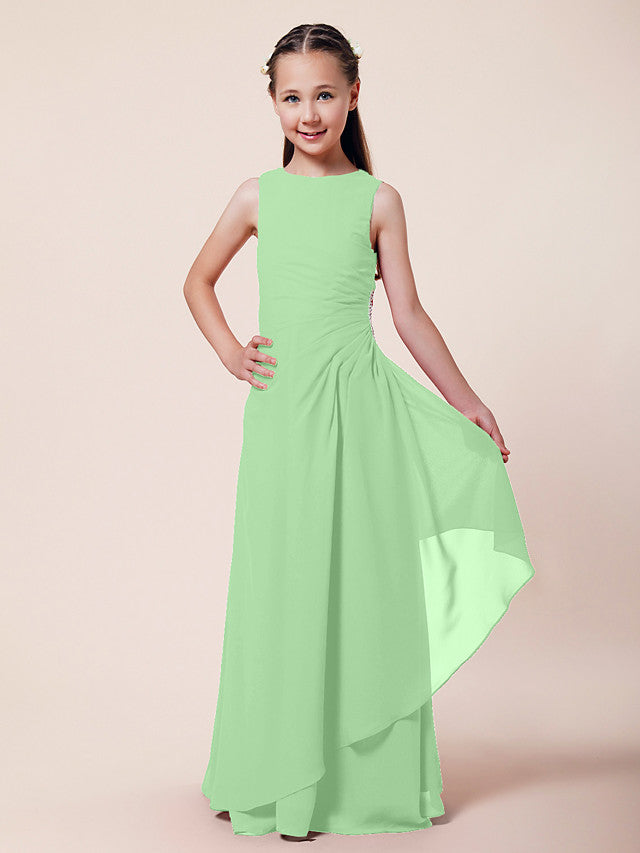 Long A-Line Sheath Flower Girl Dresses Bateau Neck Chiffon Junior Bridesmaid Dress-BIZTUNNEL