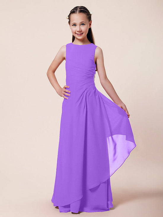 Long A-Line Sheath Flower Girl Dresses Bateau Neck Chiffon Junior Bridesmaid Dress-BIZTUNNEL