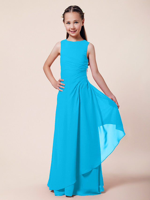 Long A-Line Sheath Flower Girl Dresses Bateau Neck Chiffon Junior Bridesmaid Dress-BIZTUNNEL