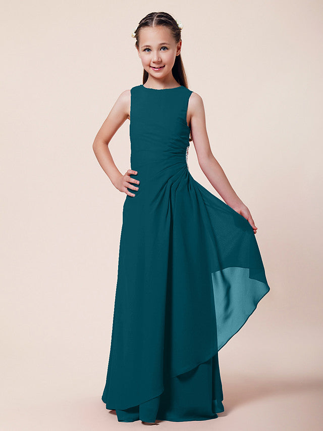 Long A-Line Sheath Flower Girl Dresses Bateau Neck Chiffon Junior Bridesmaid Dress-BIZTUNNEL