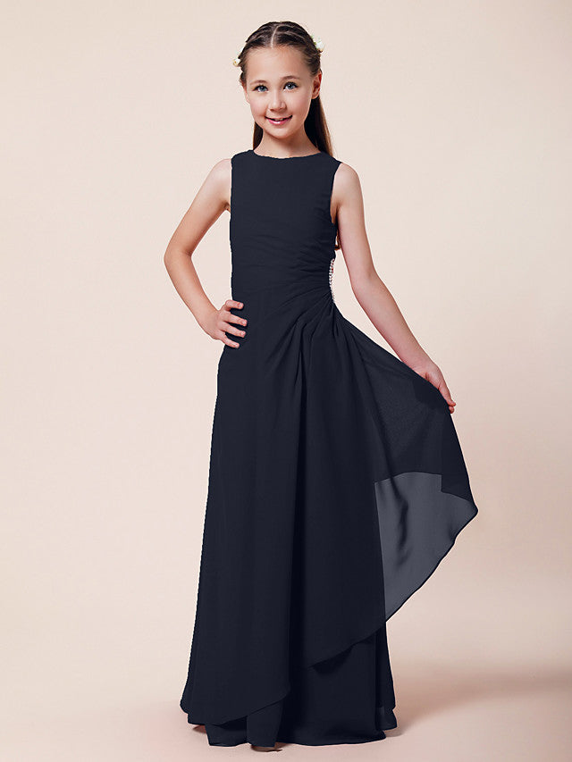 Long A-Line Sheath Flower Girl Dresses Bateau Neck Chiffon Junior Bridesmaid Dress-BIZTUNNEL