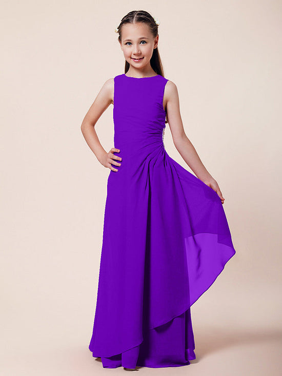 Long A-Line Sheath Flower Girl Dresses Bateau Neck Chiffon Junior Bridesmaid Dress-BIZTUNNEL