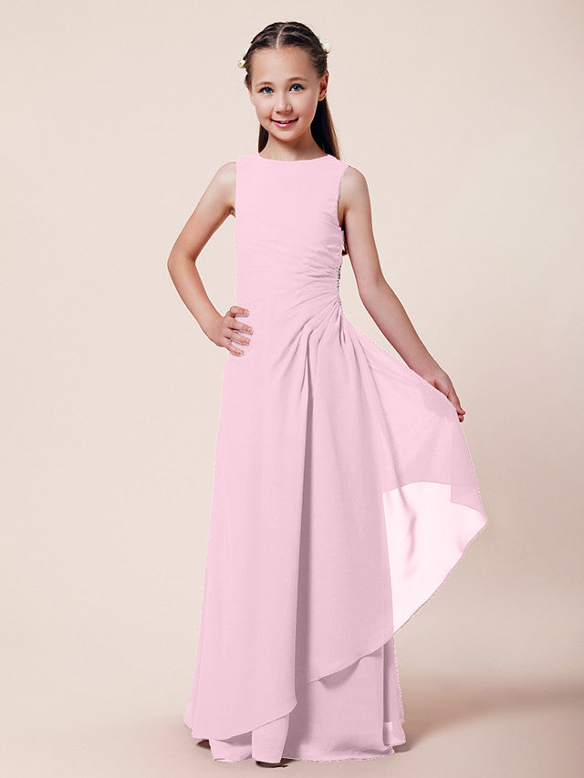 Long A-Line Sheath Flower Girl Dresses Bateau Neck Chiffon Junior Bridesmaid Dress-BIZTUNNEL