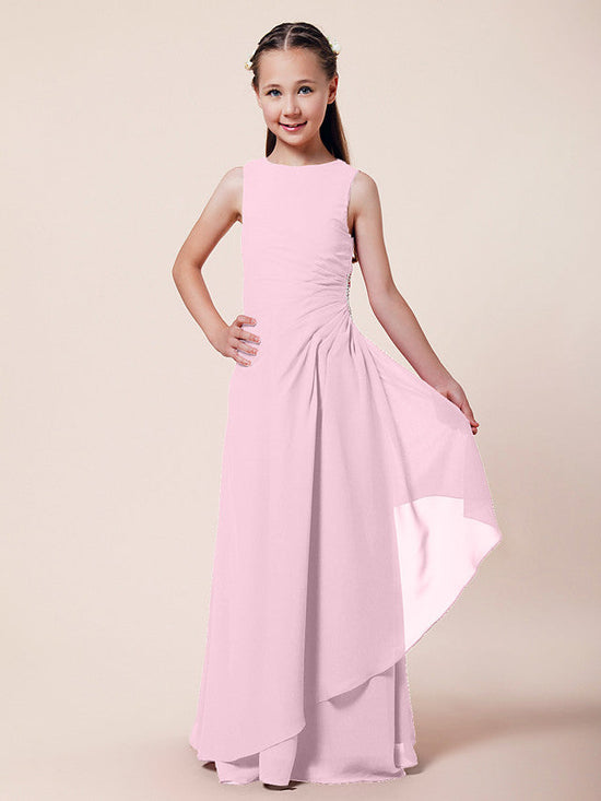 Long A-Line Sheath Flower Girl Dresses Bateau Neck Chiffon Junior Bridesmaid Dress-BIZTUNNEL