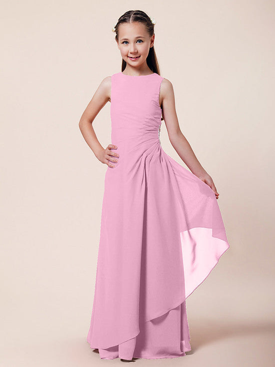 Long A-Line Sheath Flower Girl Dresses Bateau Neck Chiffon Junior Bridesmaid Dress-BIZTUNNEL