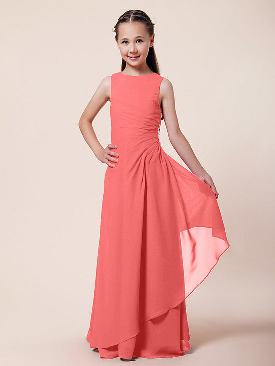 Long A-Line Sheath Flower Girl Dresses Bateau Neck Chiffon Junior Bridesmaid Dress-BIZTUNNEL