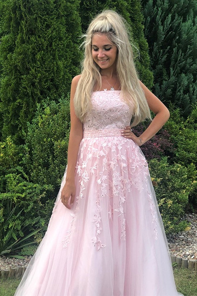 Long A-line Strapless Tulle Lace Prom Dress Pink Formal Graduation Eve ...