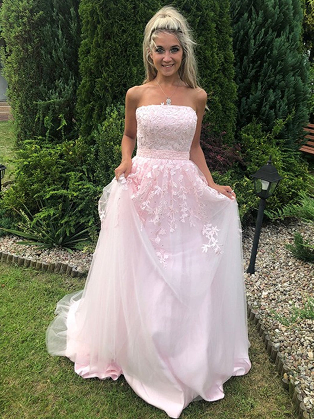 Long A-line Strapless Tulle Lace Prom Dress Pink Formal Graduation Eve ...