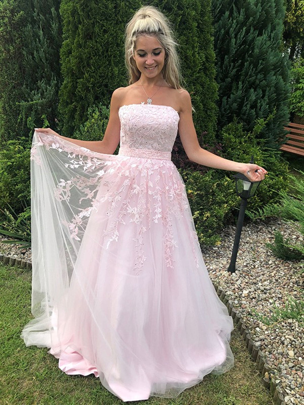 Long A-line Strapless Tulle Lace Prom Dress Pink Formal