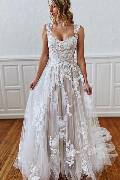 Long A-line Straps Sweetheart Appliques Lace Tulle Backless Wedding Dr ...