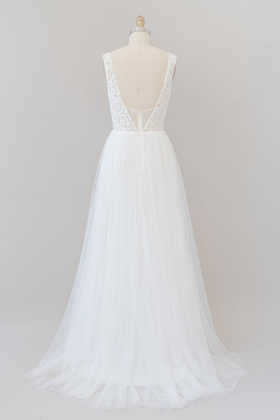 Long A-line Straps V-neck Chiffon Open Back Wedding Dress-BIZTUNNEL